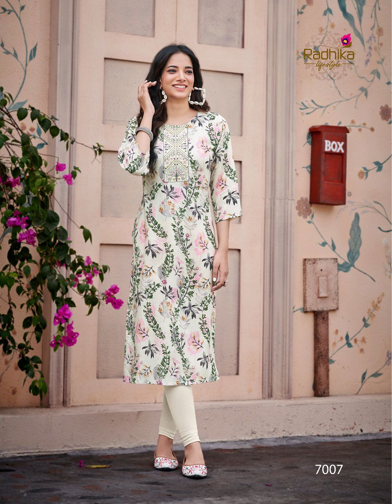 Pahel Vol 7 By Radhika Straight Cut Rayon Printed Kurti Wholesale Market In Surat
